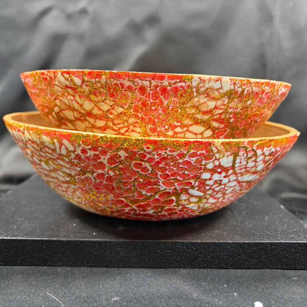 Vintage Lacquered Bamboo Nesting Bowls Pink White Eggshell Mosaic Gold Glitter